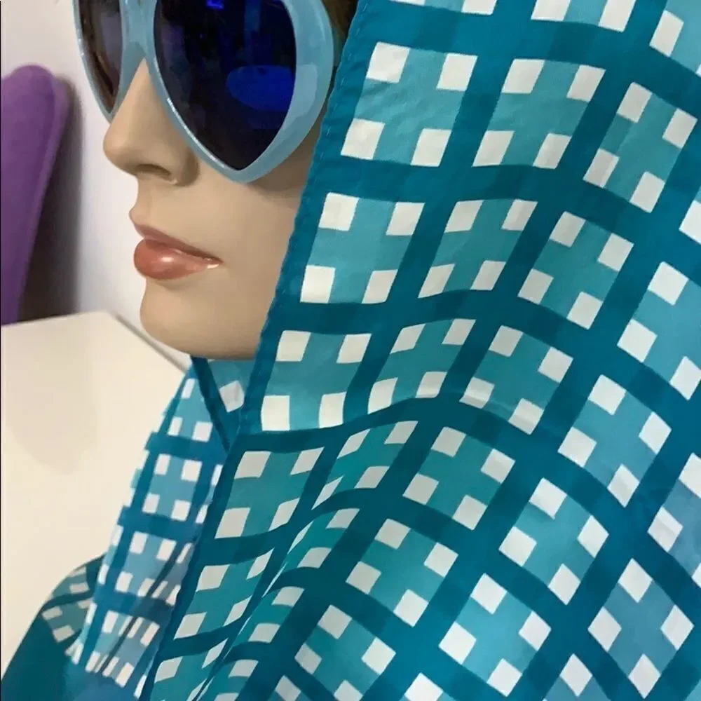 Vintage turquoise acetate plaid Japan made scarf